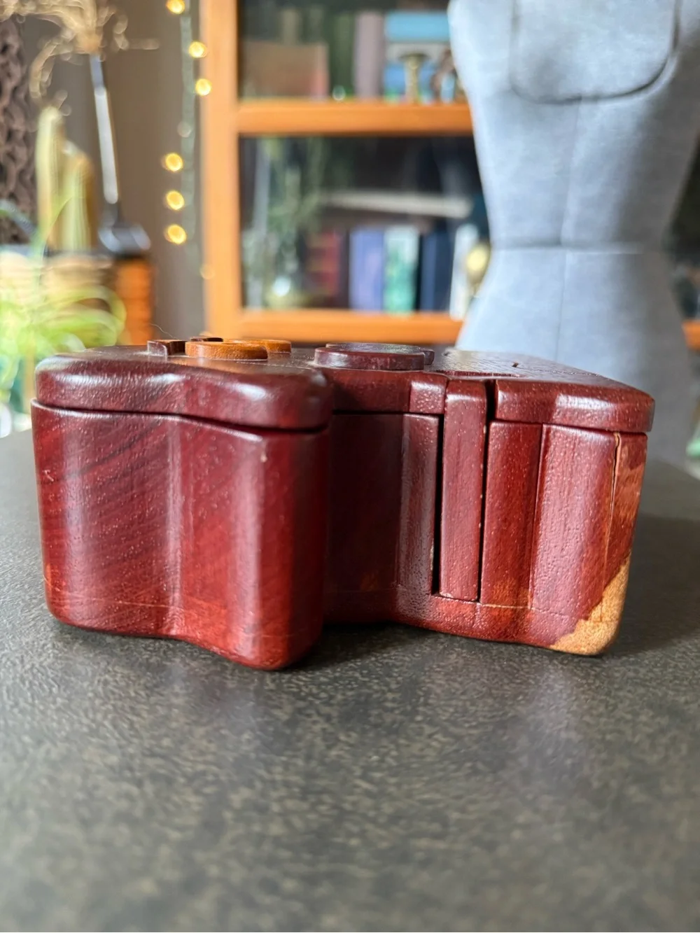 Handmade Wooden Dog Puzzle Box - Red Brown with Yellow Eyes